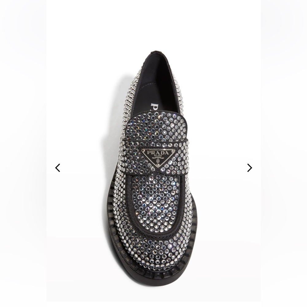NIB PRADA  Crystal Logo Flat Loafers Size 37.5
